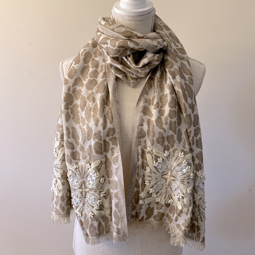 Loft by Ann Taylor gold metallic tread embroidered flower sequins shawl, scarf